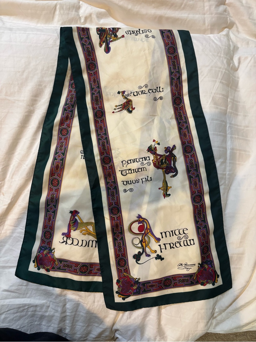 Book of Kells Scarf with Celtic-Inspired Motifs in Cream and Emerald 52”x12